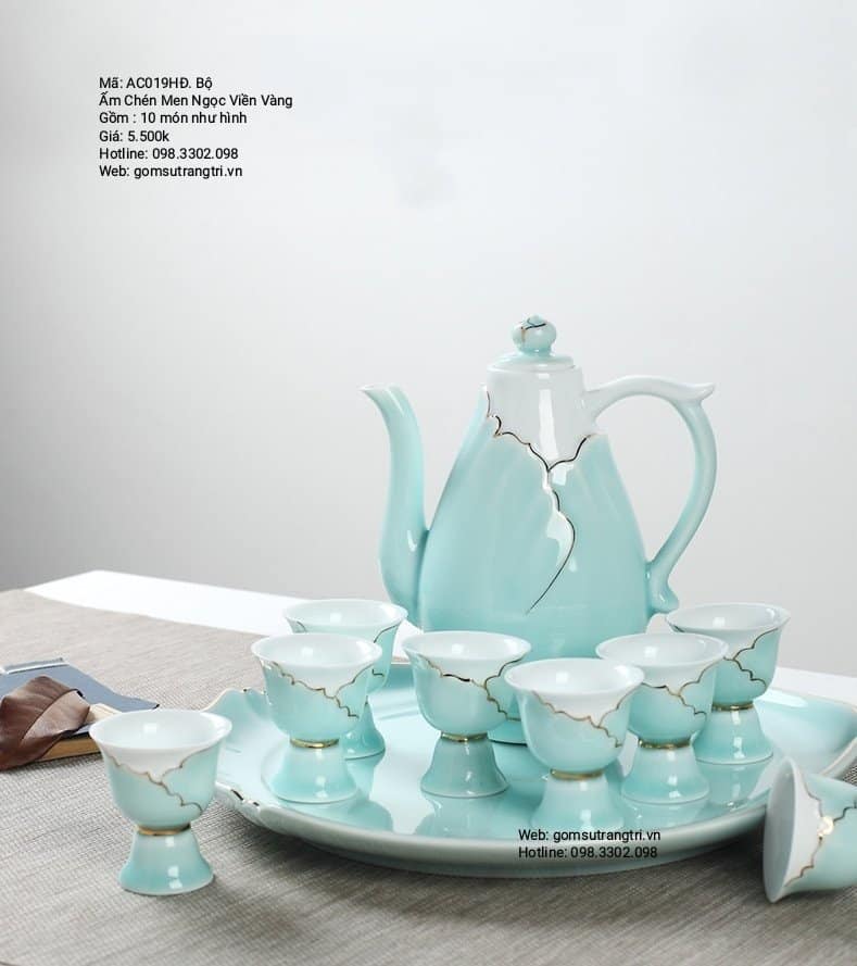 BỘ ẤM CHÉN MEN NGỌC VIỀN VÀNG